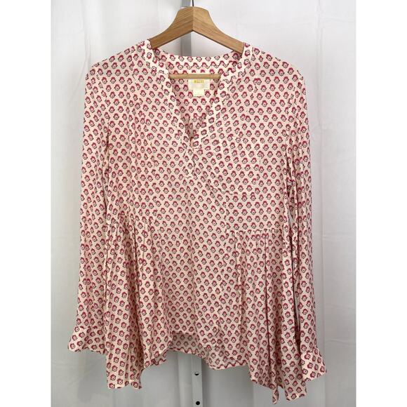 MAEVE Anthropologie 0 Laiken Printed Popover Top Henley Button Long Sleeve Pink - Picture 1 of 8